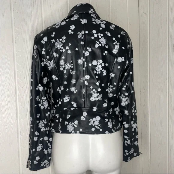 Michael Michael Kors Moto Jacket M Black White Flowers Floral Faux Leather - Picture 3 of 10